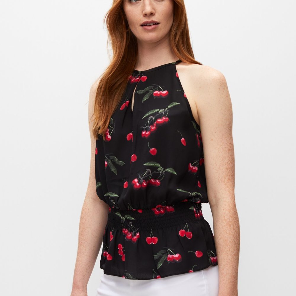 MELANIE LYNE:  Cherry Print Keyhole Halter Top - black